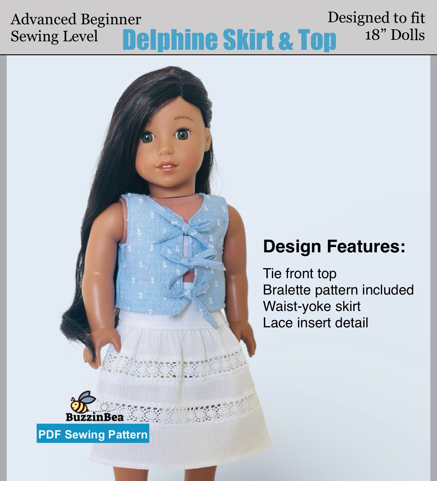 Delphine Skirt and Top 18-inch doll clothes PDF sewing pattern